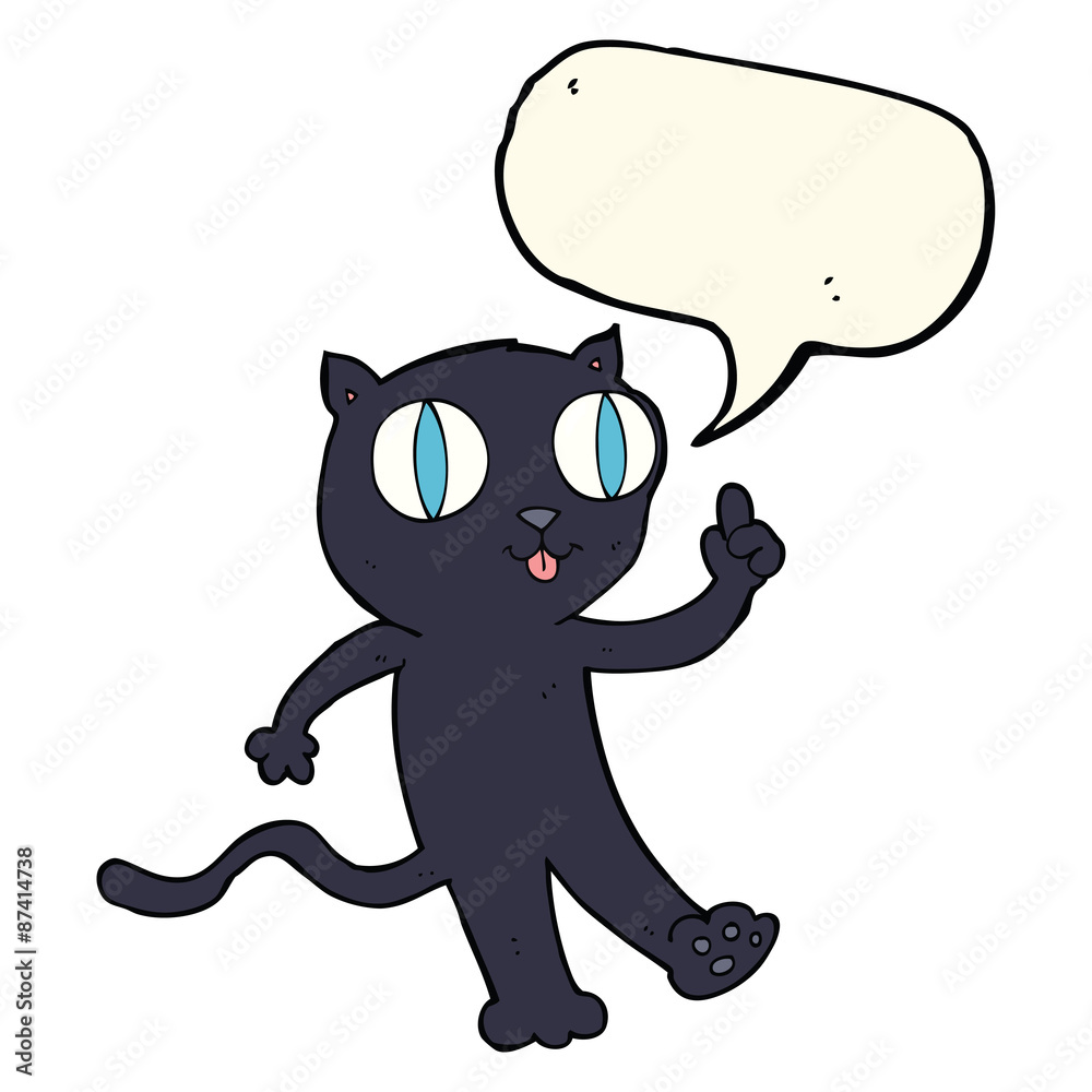 Obraz premium cartoon black cat with idea with speech bubble