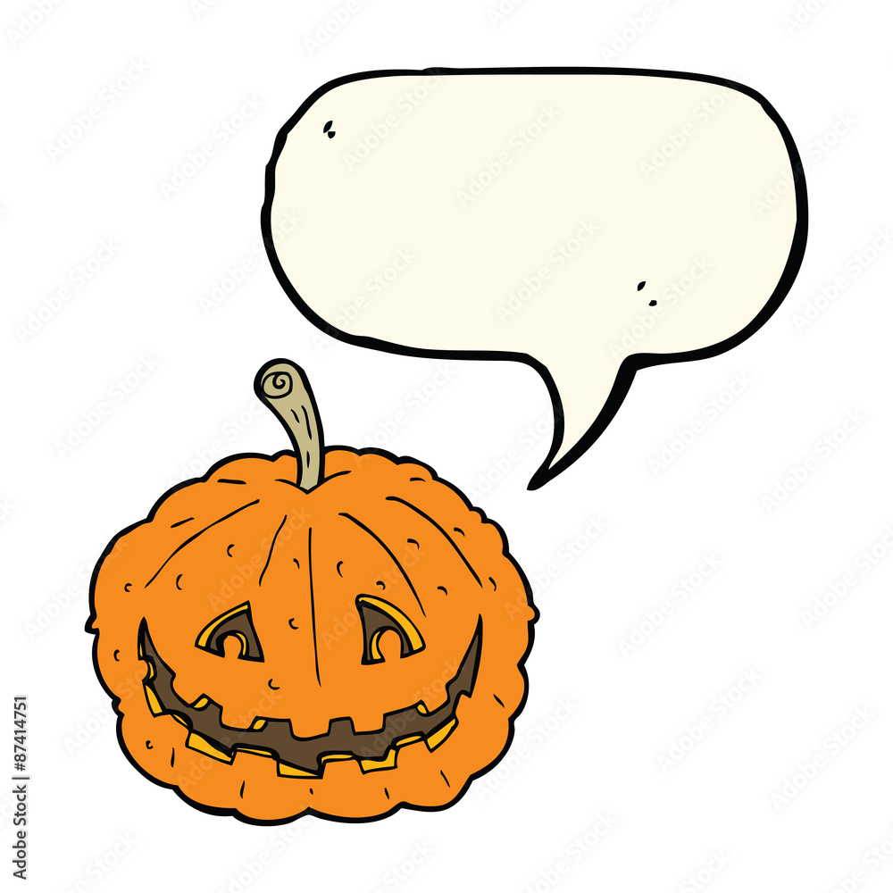 Obraz premium cartoon grinning pumpkin with speech bubble