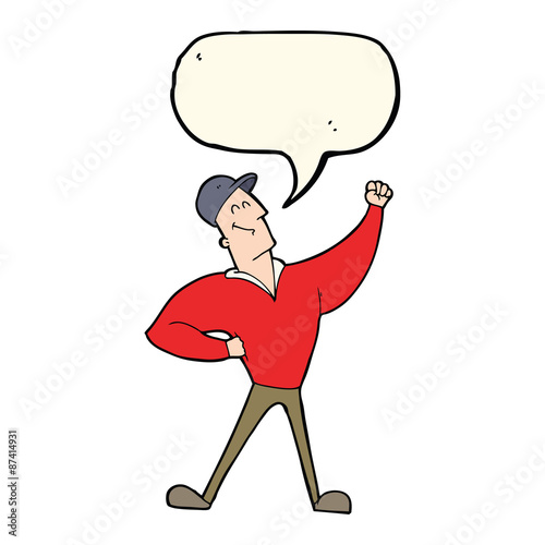 cartoon man striking heroic pose with speech bubble