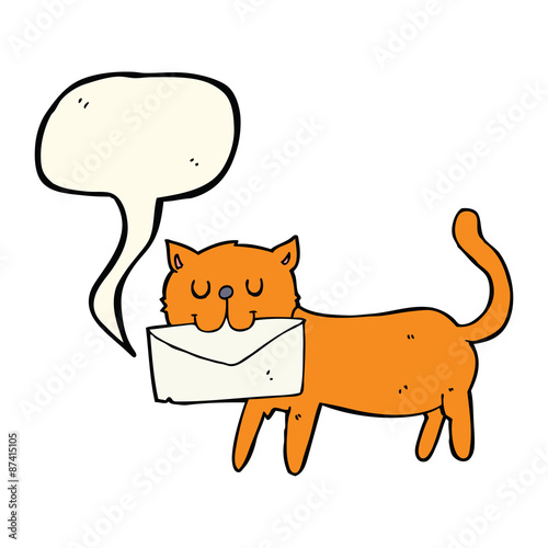 cartoon cat carrying letter with speech bubble