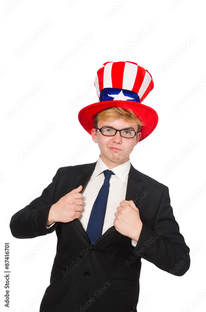 Businessman with american hat isolated on white Businessman with american hat isolated on white