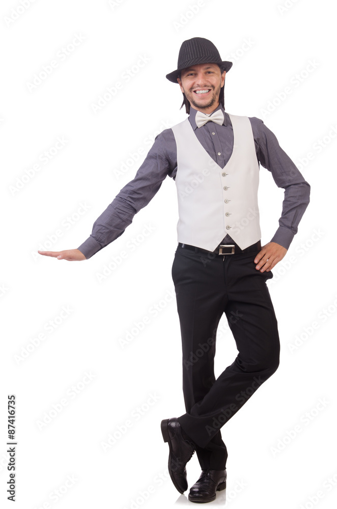Young man in gray shirt and black hat isolated on white Young man in gray shirt and black hat isolated on white
