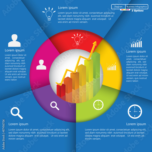 Financial and Business Infographic/Diagram with 5 Options, Graph/Chart Going Up, Business Icon and Text Information on Blue Background. Workflow/Element Layout Design. Vector Illustration.