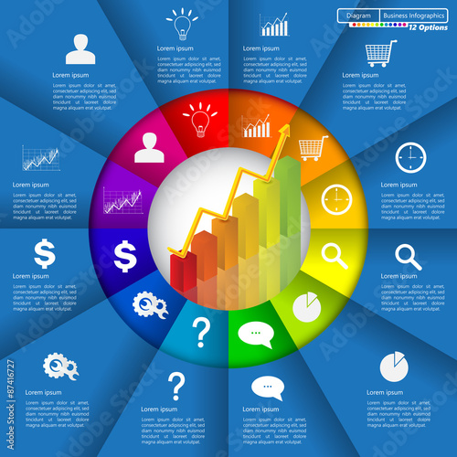 Financial and Business Infographic/Diagram with 12 Options, Graph/Chart Going Up, Business Icon and Text Information on Blue Background. Workflow/Element Layout Design. Vector Illustration.