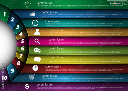 Metallic Diagram Circle Design,10 Options, Semi-circle With Number,  Business Icon and Information Text Design On Metallic Multi-Color Background, For Business/Finance Infographic. Vector Illustration
