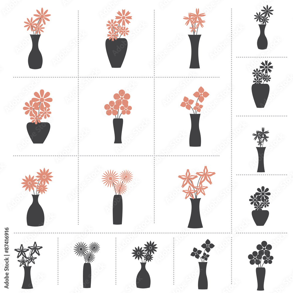 Set of Flowers in Vase Collection, 9 Different Kinds of Flower Vases. 2  colors and Black Color Design, Vector Illustration. Stock Vector | Adobe  Stock