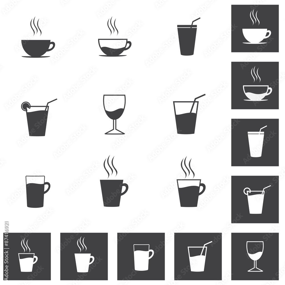 Simple Drinks and Beverages Icon Set. Coffee Cups, Glass and Glassware Icons, Vector Illustration Simple Drinks and Beverages Icon Set. Coffee Cups, Glass and Glassware Icons, Vector Illustration