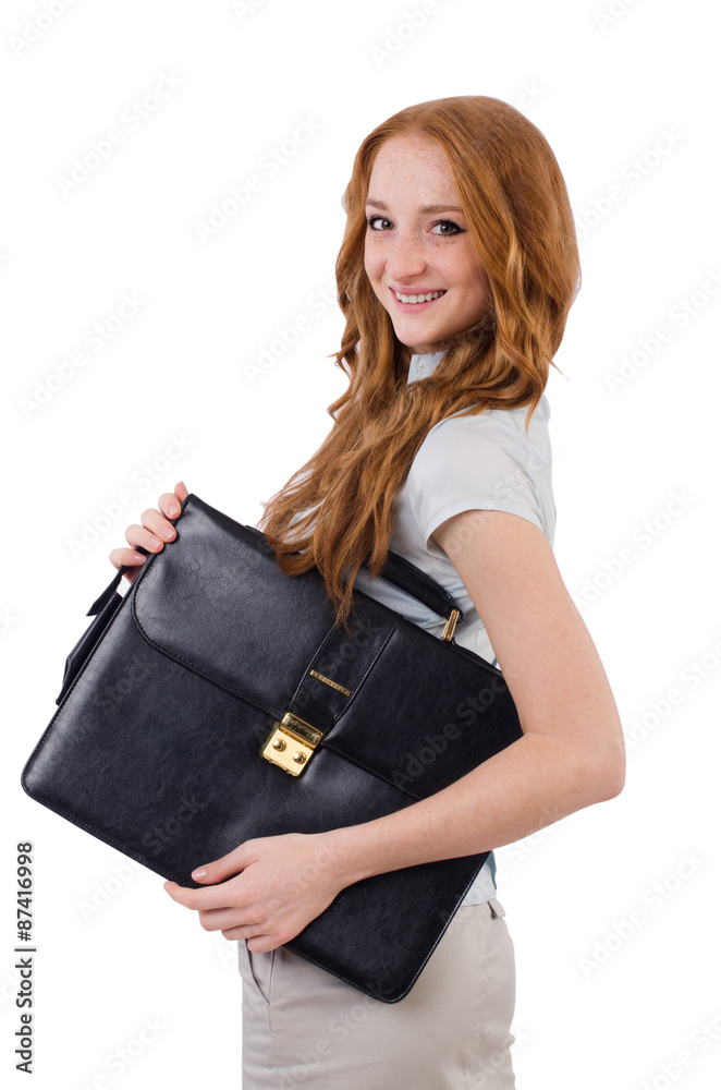 Pretty young employee with briefcase isolated on white Pretty young employee with briefcase isolated on white