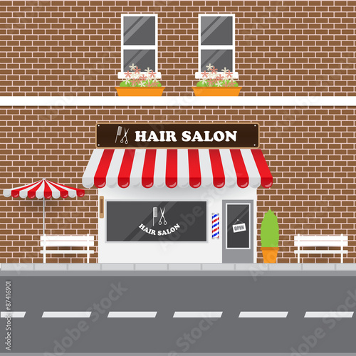 Hair Salon with Street Landscape. Brick Building Retro Style Facade  Vector Illustration.