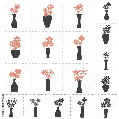 Set of Flowers in Vase Collection, 9 Different Kinds of Flower Vases. 2 colors and Black Color Design, Vector Illustration.