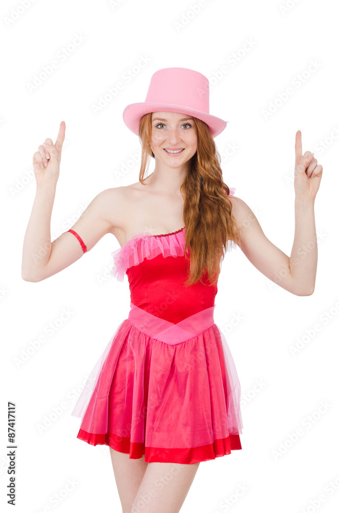 Pretty young wizard in mini pink dress isolated on white