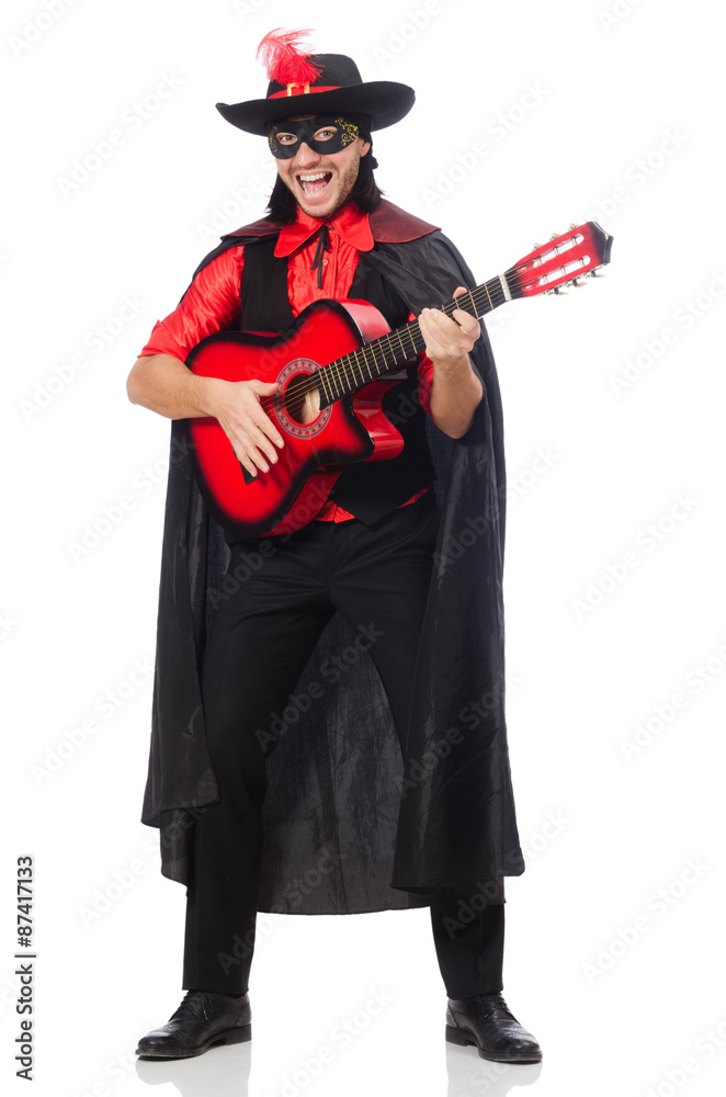 Young man in carnival coat  with guitar isolated on white