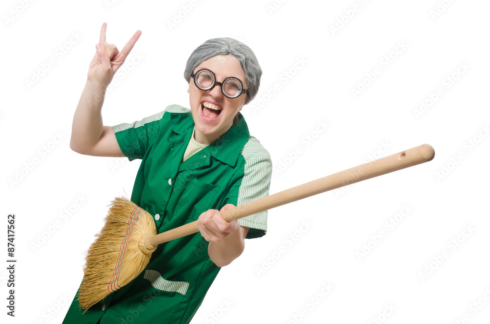 Woman with sweeping brush isolated on white Woman with sweeping brush isolated on white