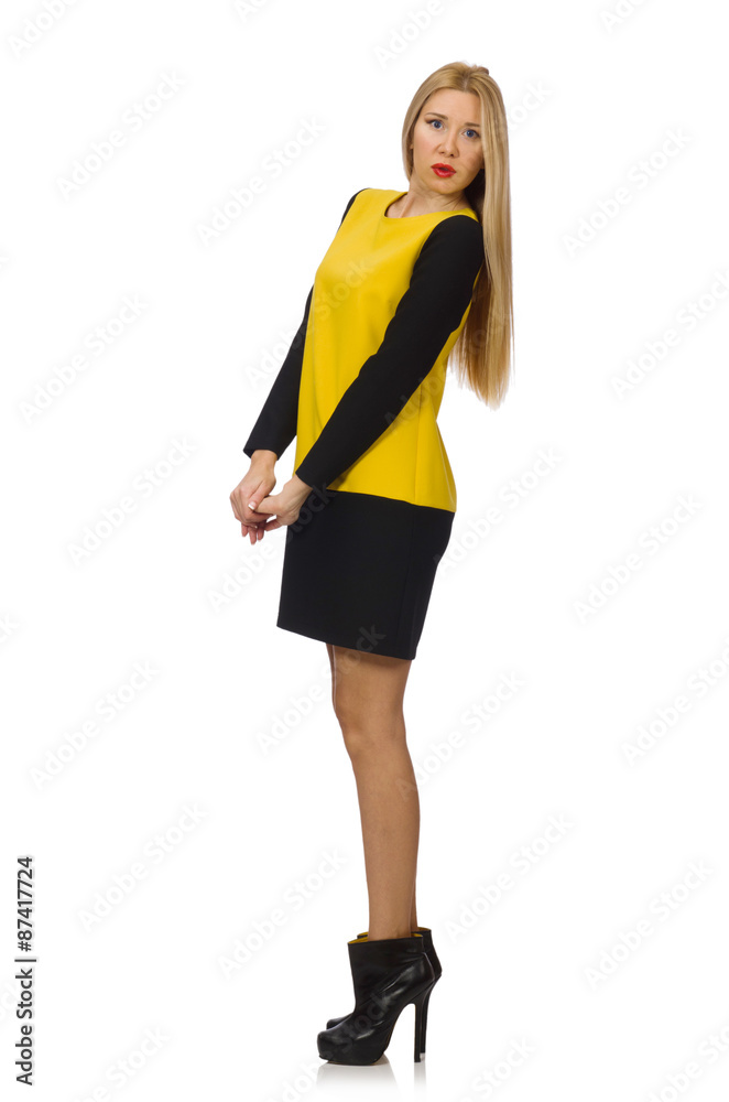 Blond hair girl in yellow and black clothing isolated on white