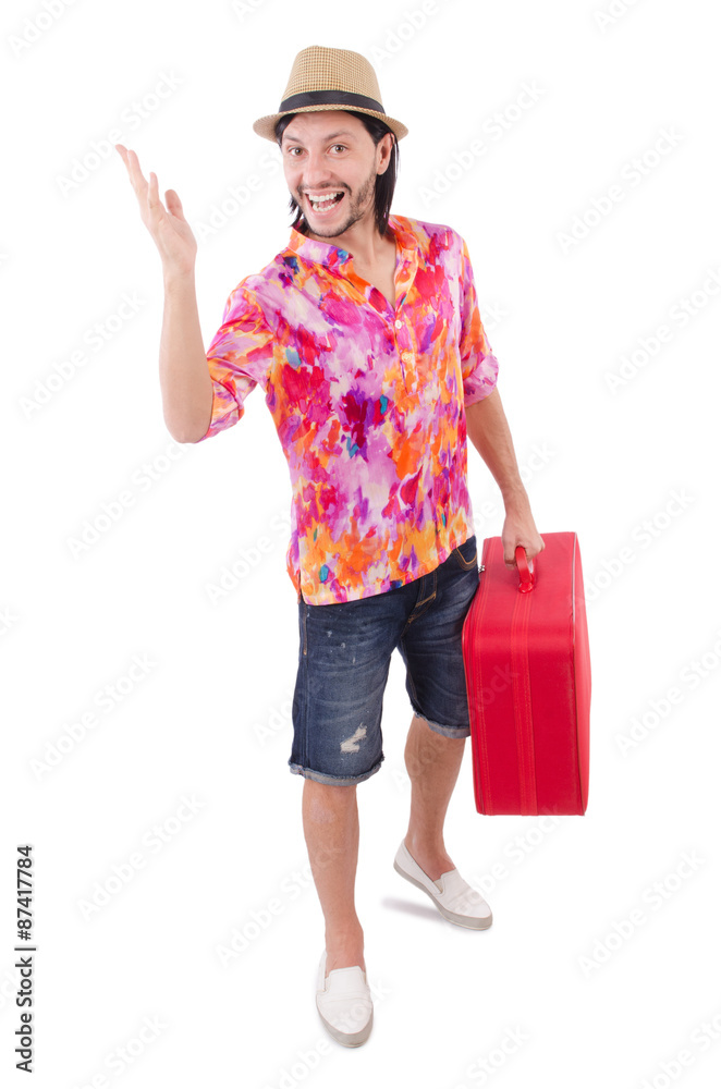 Tourist with suitcase isolated on white Tourist with suitcase isolated on white