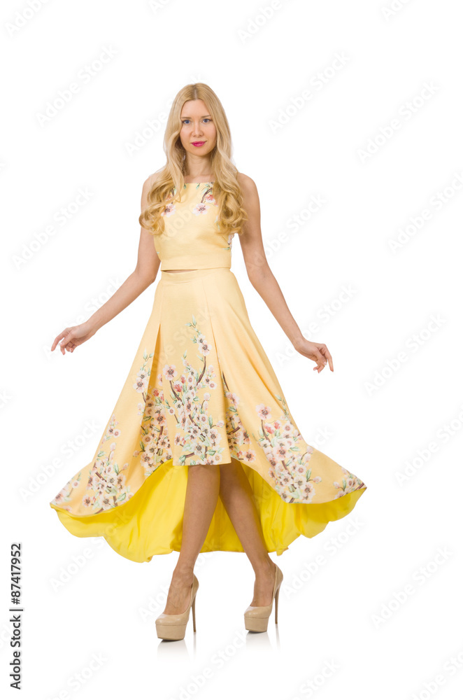 Blond girl in charming dress with flower prints isolated on whit Blond girl in charming dress with flower prints isolated on whit