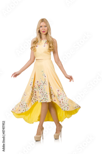 Blond girl in charming dress with flower prints isolated on whit