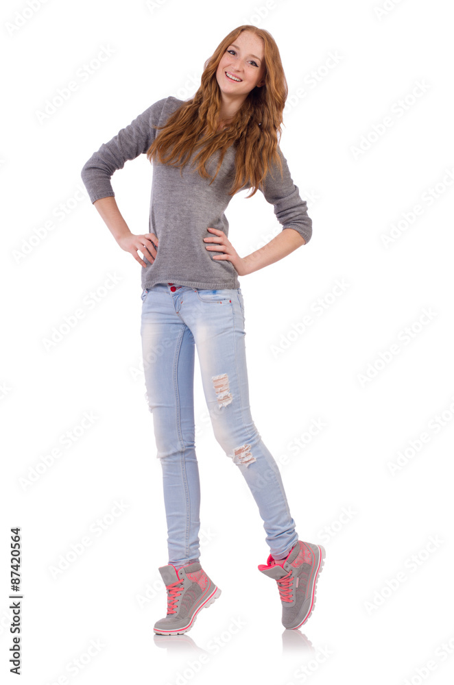 Cute smiling girl in gray blouse and jeans isolated on white Cute smiling girl in gray blouse and jeans isolated on white