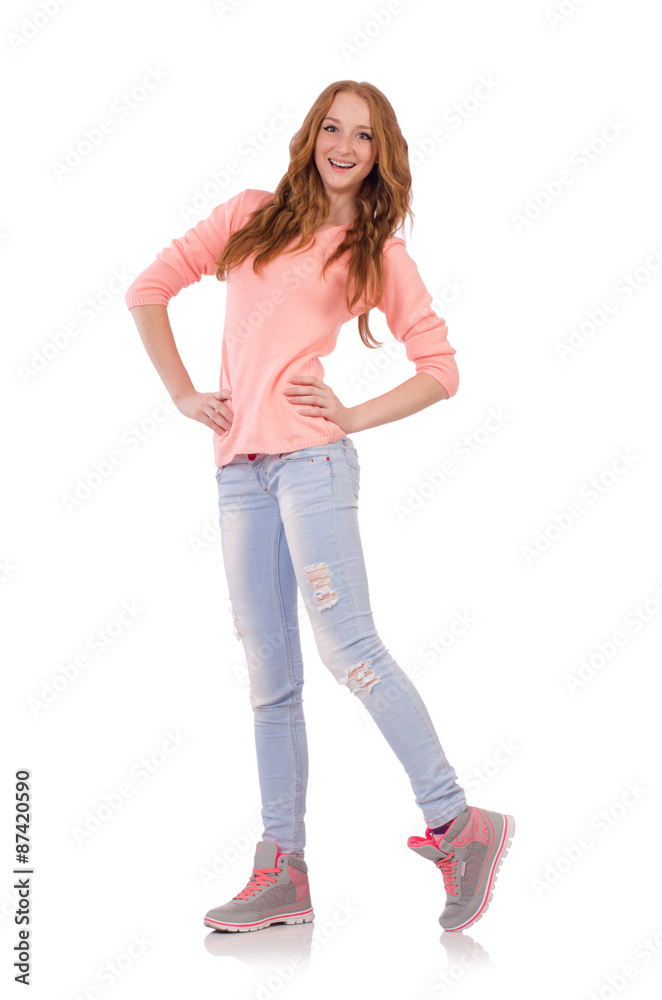 Cute smiling girl in pink blouse and jeans isolated on white Cute smiling girl in pink blouse and jeans isolated on white
