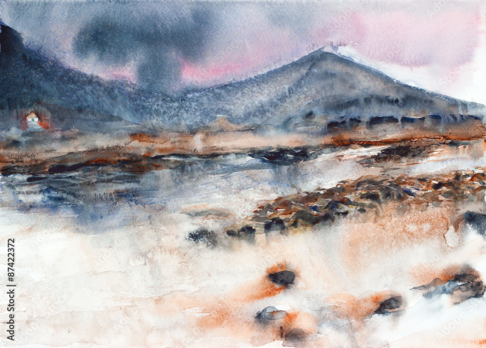 river and mountain landscape watercolor on paper