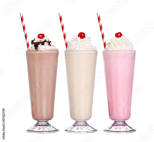 milkshakes chocolate flavor ice cream set collection with cherry