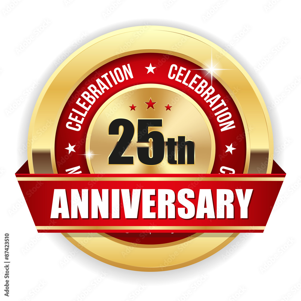 Red 25th anniversary badge with gold border and ribbon