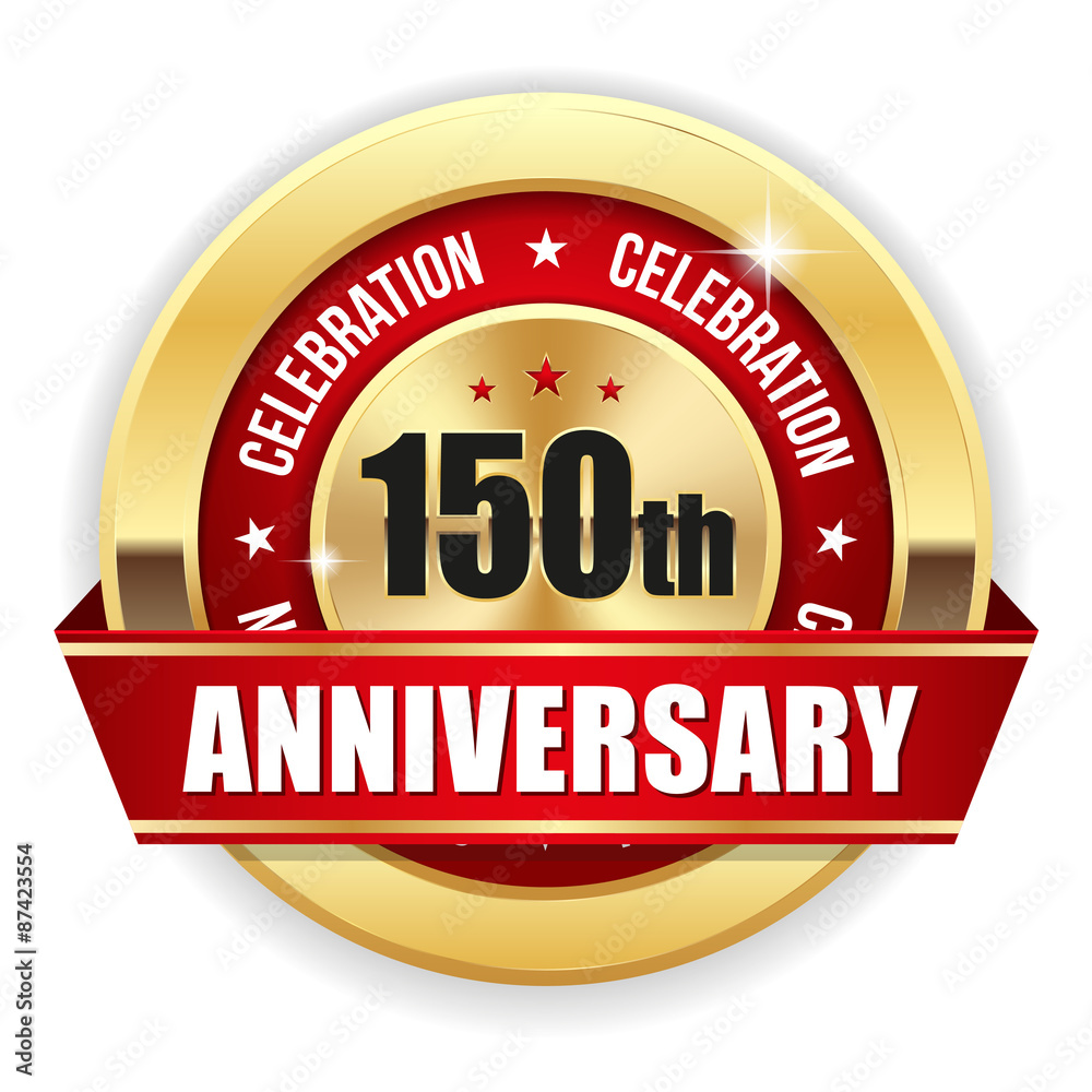 Red 150th anniversary badge with gold border and ribbon