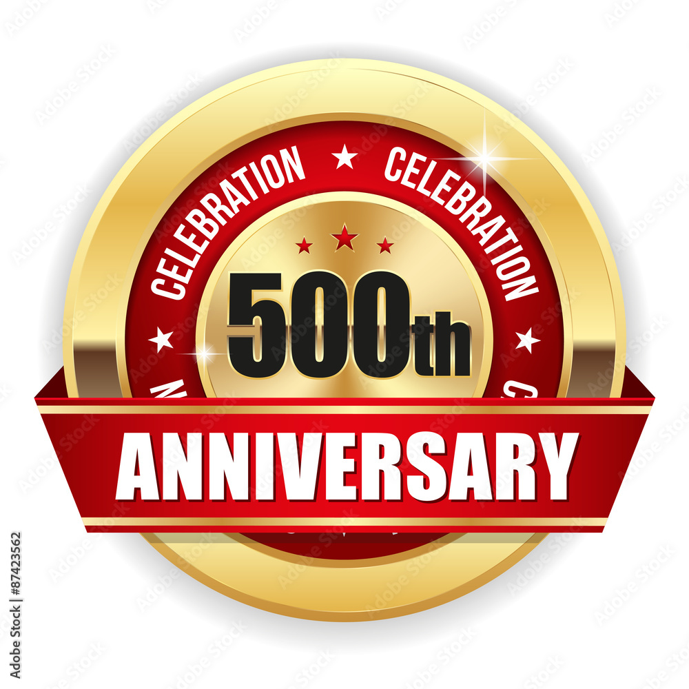 Red 500th anniversary badge with gold border and ribbon