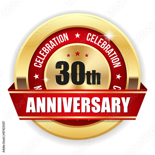 Red 30th anniversary badge with gold border and ribbon