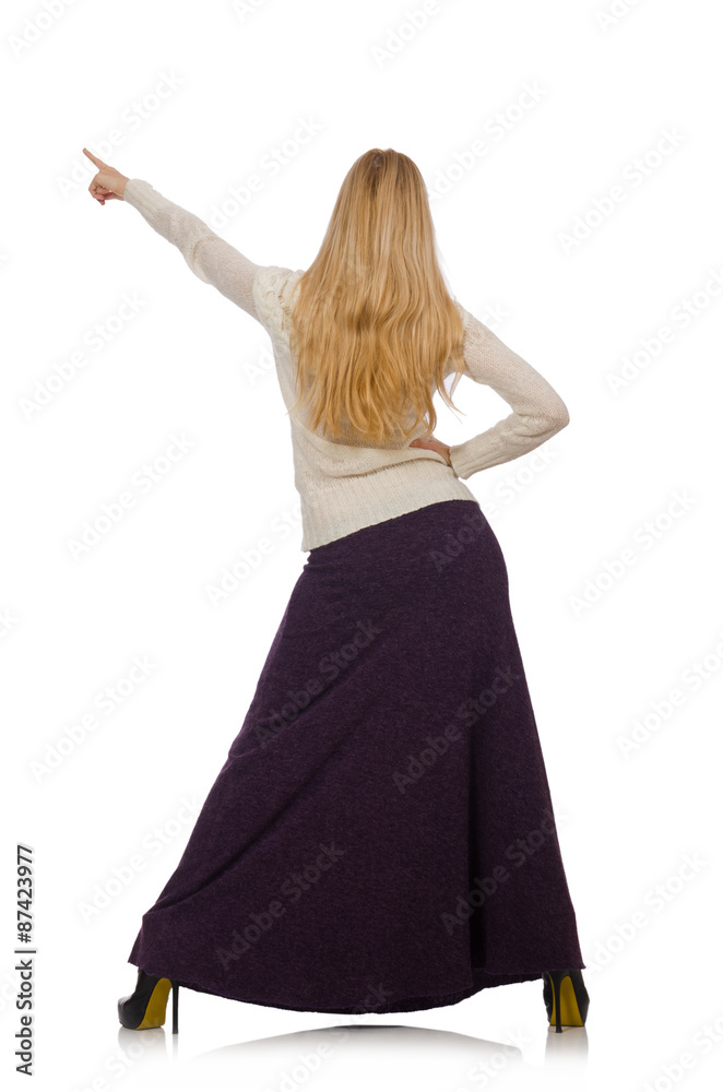 Naklejka premium Pretty girl in violet long dress isolated on white