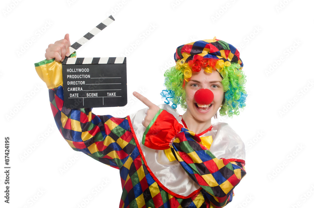 Clown with movie clapper isolated on white Clown with movie clapper isolated on white