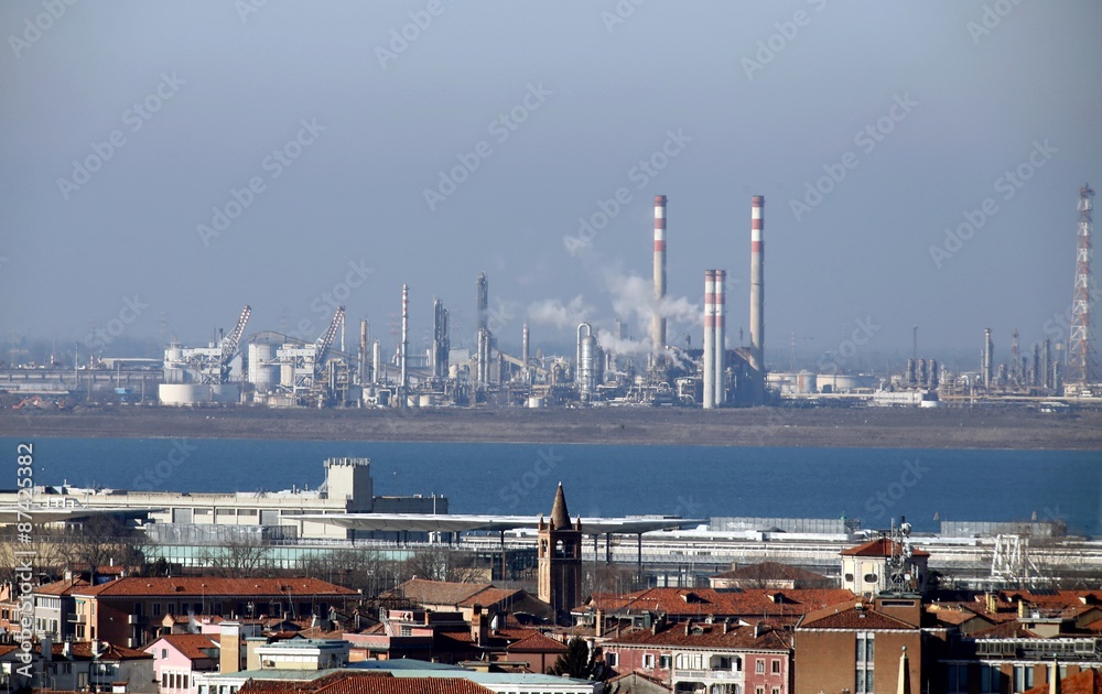 industries factories and smokestacks near Venice in Italy