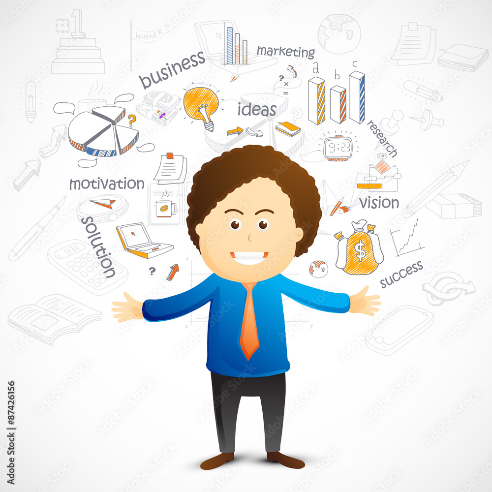Young businessman with various infographic elements. Young businessman with various infographic elements.