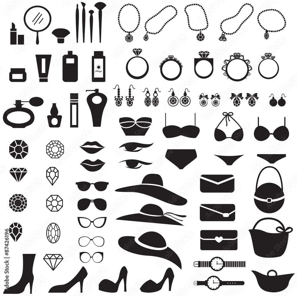 woman fashion, cosmetic and accessories vector icon set Stock | Adobe Stock