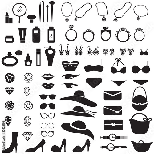 Silhouette woman fashion, clothes, cosmetic and accessories vector icon set 