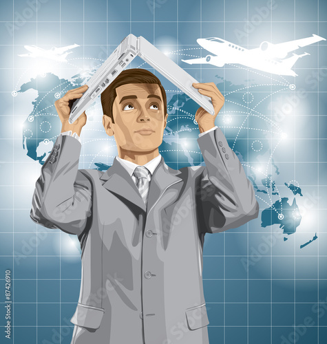 Vector Business Man Hides Under The Laptop