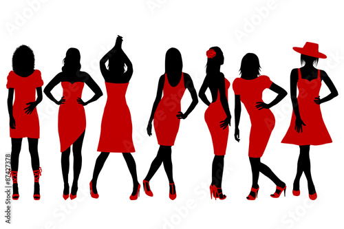 Collection of women silhouettes in red dress