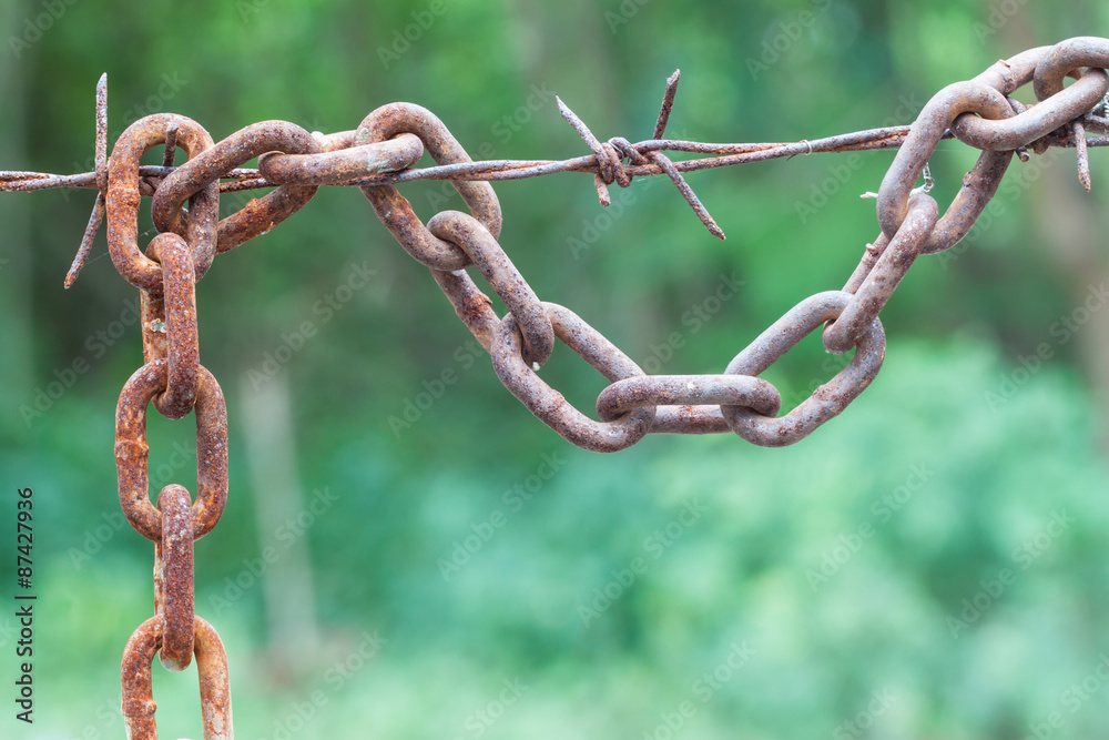 rusty chain hang with barbed wire rusty chain hang with barbed wire