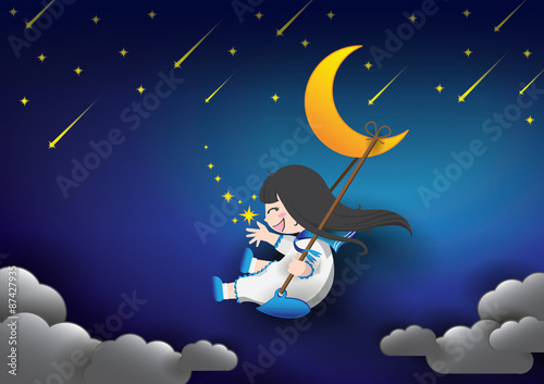 Night sky moon and girl on swing