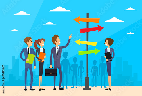 Businesspeople Standing Sign Choose Direction Way Signboard 