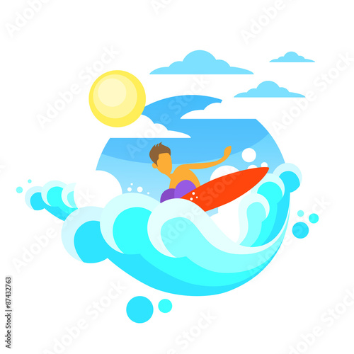 Surfer Man Surfing Sea Wave on Board Summer Ocean 