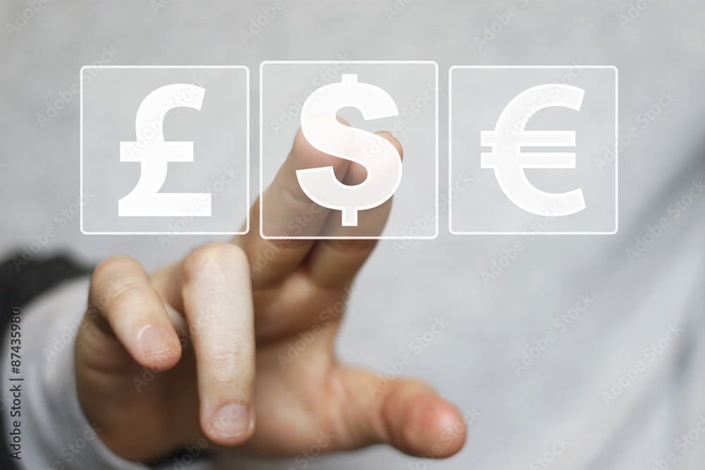 Businessman push button icon with dollar currency online Businessman push button icon with dollar currency online