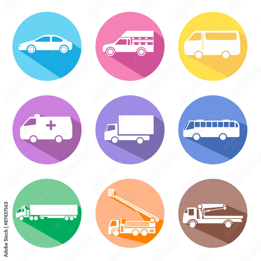 car icon set with long shadow
