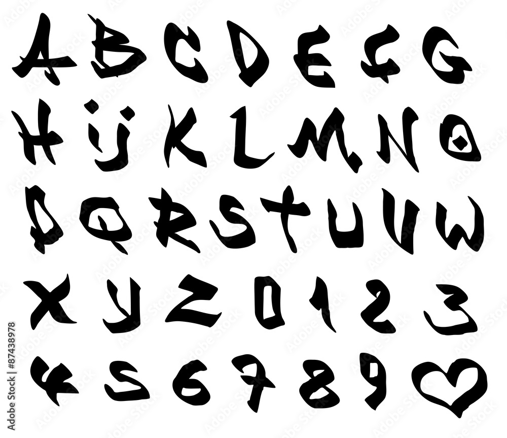 graffiti marker font and number alphabet over white Stock Vector