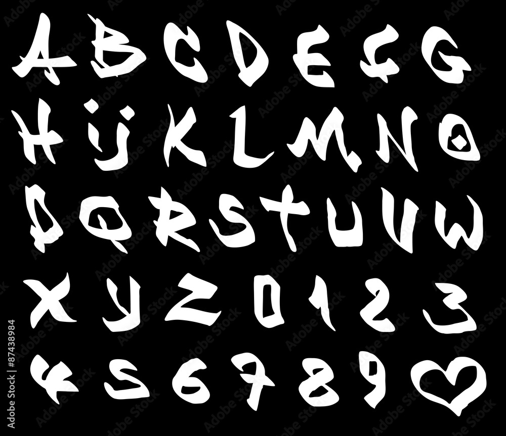graffiti marker font and number alphabet over black Stock Vector