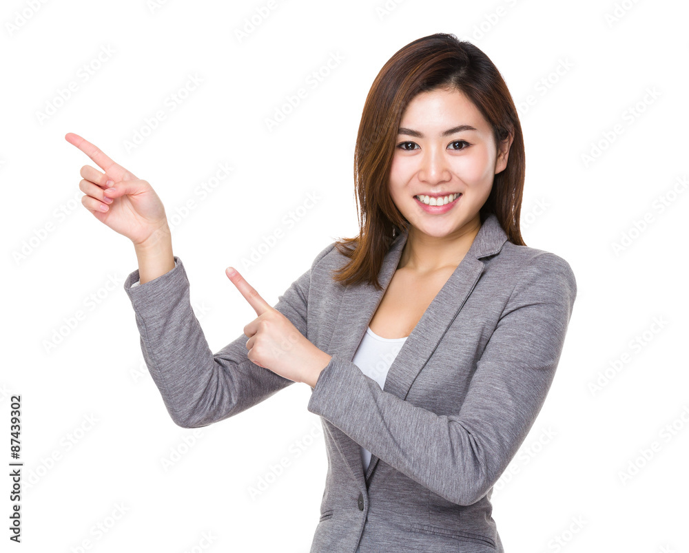 Businesswoman with finger showing up Businesswoman with finger showing up