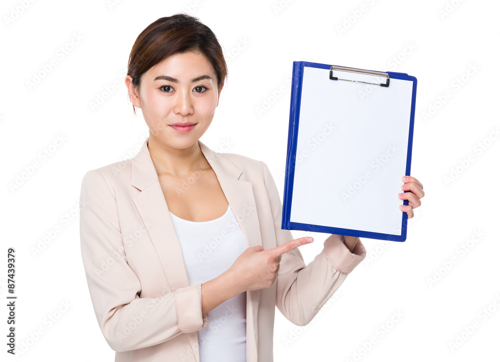 Asian young buisnesswoman show with clipboard Asian young buisnesswoman show with clipboard