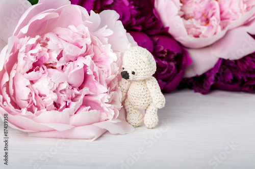 Fototapeta Naklejka Na Ścianę i Meble -  Teddy bear and peony