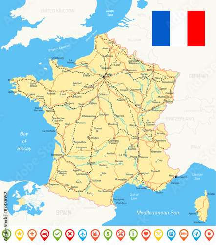 Map of France and flag - highly detailed vector illustration. Image contains land contours, country and land names, city names, water object names, flag, navigation icons, roads, railways, rivers.