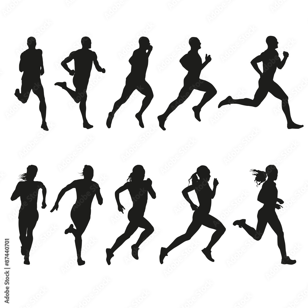 Set of silhouettes of running men and women - obrazy, fototapety, plakaty 